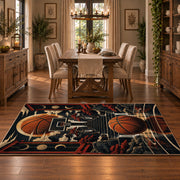 Dark Basketball Equipment Collage Rug displayed in a dining room