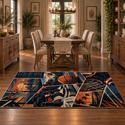 Urban Basketball Hoop Collage Rug displayed in a dining room