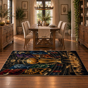 Golden Basketball Trophy City Rug displayed in a dining room
