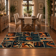 Basketball Court Grid Collage Rug displayed in a dining room