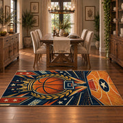 Orange Star Basketball Court Rug displayed in a dining room