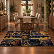 Purple Star Basketball Collage Rug displayed in a dining room