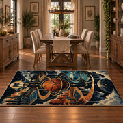 Smoky Basketball Hoop Rug displayed in a dining room