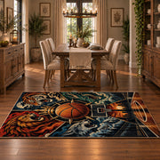 Mythic Basketball Emblem Rug displayed in a dining room