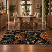 Golden Winged Basketball Rug displayed in a dining room