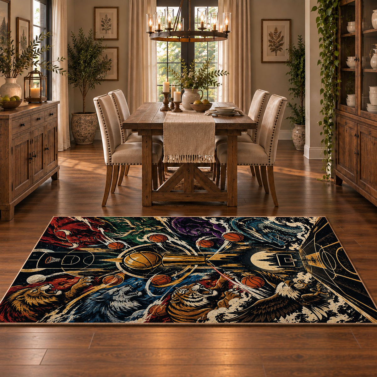 Ornate Basketball Collage Rug displayed in a dining room
