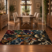 Ornate Basketball Collage Rug displayed in a dining room