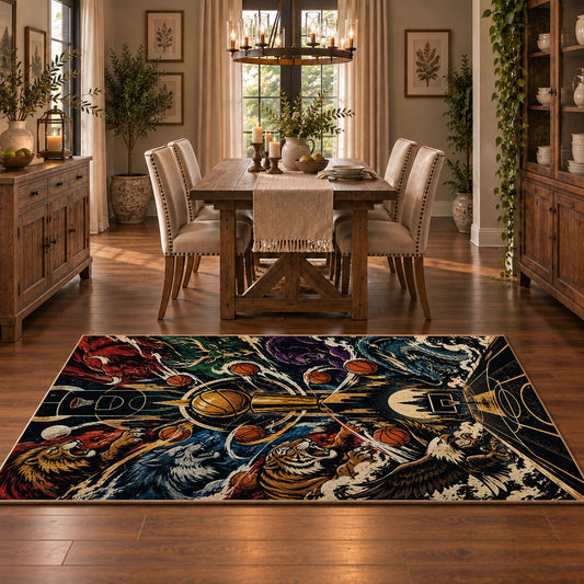 Ornate Basketball Collage Rug displayed in a dining room