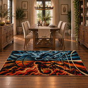 Fire and Ice Basketball Rug displayed in a dining room