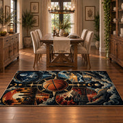 Stormy Cosmic Basketball Rug displayed in a dining room