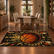 Comic Burst Basketball Rug displayed in a dining room