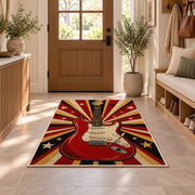 retro red electric guitar rug in an entryway with a wooden door and bench