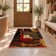 electric guitar and amp stage rug in an entryway with a wooden door and bench