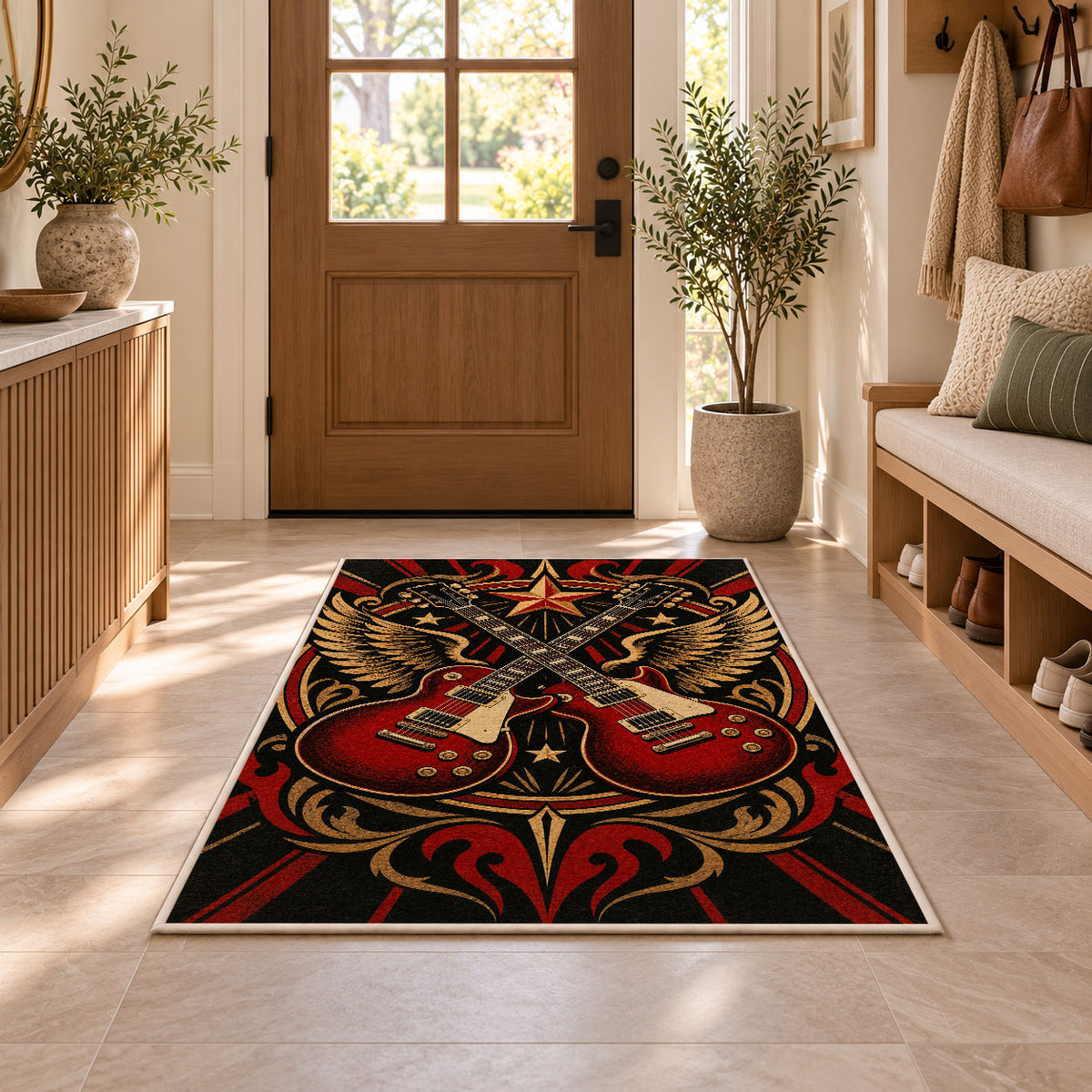 crossed guitars rock emblem rug in an entryway with a wooden door and bench