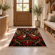 crossed guitars rock emblem rug in an entryway with a wooden door and bench