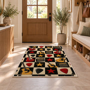 checkered rock guitar rug in an entryway with a wooden door and bench