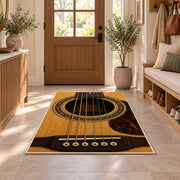 acoustic guitar soundhole rug in an entryway with a wooden door and bench