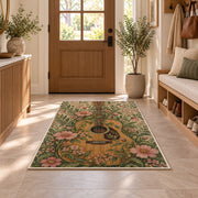 boho guitar and wildflowers rug in an entryway with a wooden door and bench