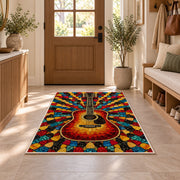 guitar pick mosaic rug in an entryway with a wooden door and bench
