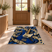 blue bass guitar rug in an entryway with a wooden door and bench