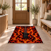 flaming electric guitar rug in an entryway with a wooden door and bench