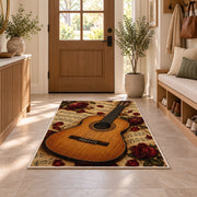 classical guitar sheet music rug in an entryway with a wooden door and bench