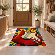 pop art electric guitar rug in an entryway with a wooden door and bench