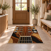 guitar headstock rug in an entryway with a wooden door and bench