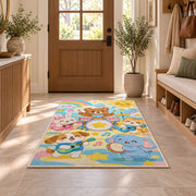 kids animal band rug in an entryway with a wooden door and bench