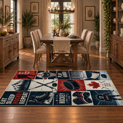 Classic Hockey Collage Rug displayed in a dining room