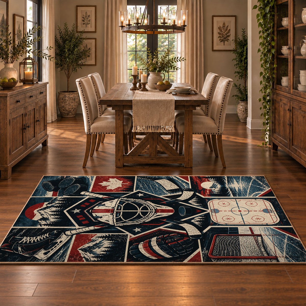 Hockey Gear and Rink Collage Rug displayed in a dining room