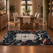 Crossed Hockey Sticks and Puck Rug displayed in a dining room