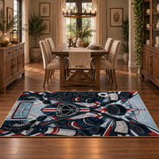 Hockey Puck and Crossed Sticks Emblem Rug displayed in a dining room