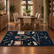 Hockey Equipment Lineup Rug displayed in a dining room
