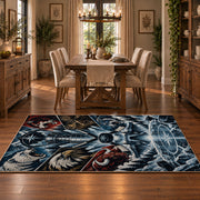 Frozen Mountain Hockey Goal Rug displayed in a dining room