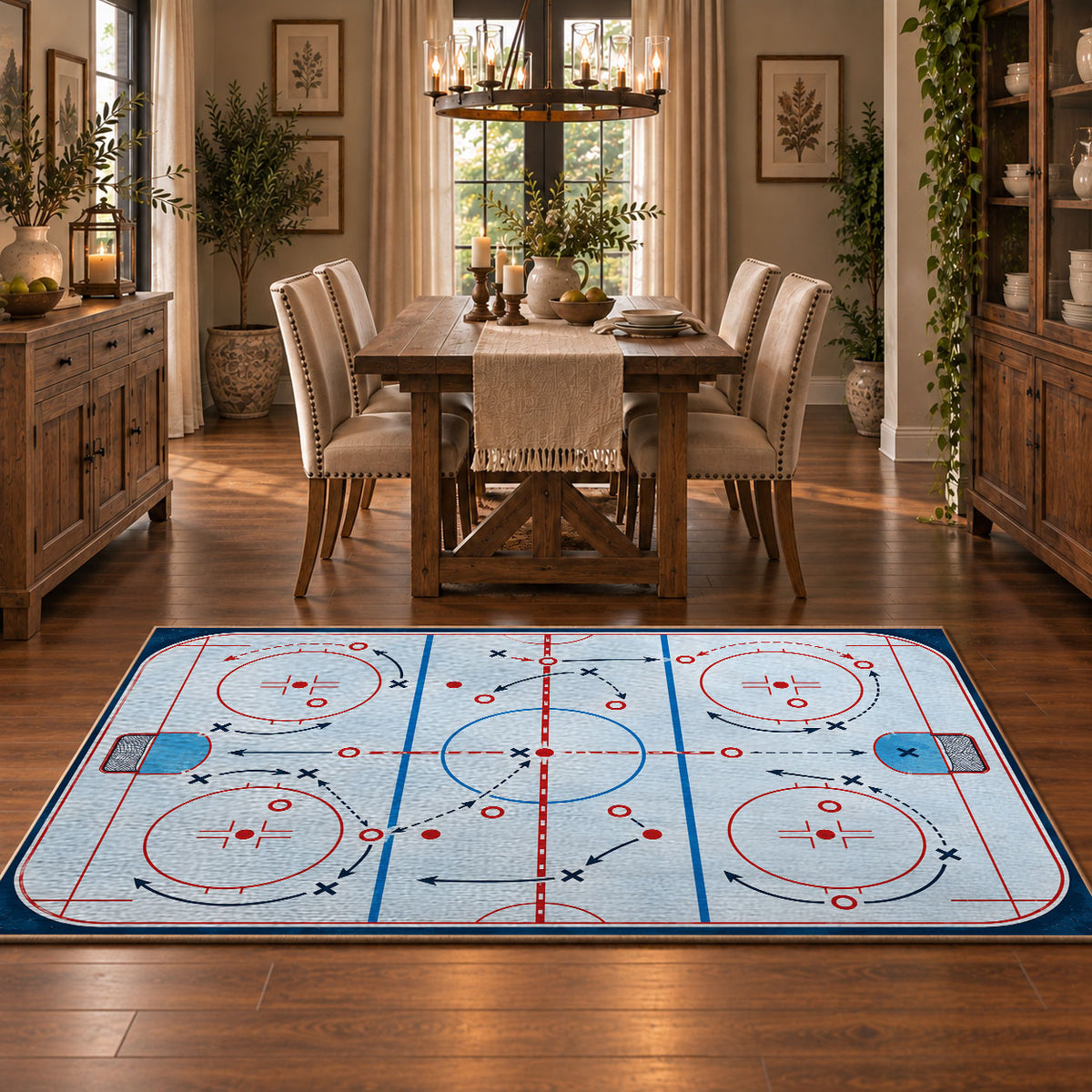 Bright Classic Hockey Rink Rug displayed in a dining room