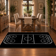 Minimal Black Hockey Rink Rug displayed in a dining room