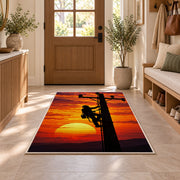 lineman climbing pole silhouette rug in an entryway with a wooden door and bench