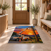 bucket truck lineman rug in an entryway with a wooden door and bench