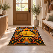 lineman hard hat emblem rug in an entryway with a wooden door and bench