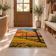 power lines wheat field rug in an entryway with a wooden door and bench