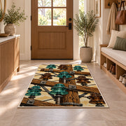 vintage glass insulator rug in an entryway with a wooden door and bench