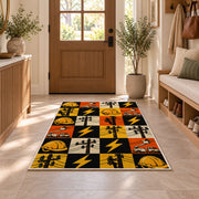 checkered lineman icons rug in an entryway with a wooden door and bench