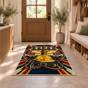 lineman badge rug in an entryway with a wooden door and bench
