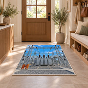 electrical substation rug in an entryway with a wooden door and bench