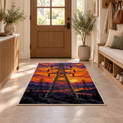 high voltage tower sunset rug in an entryway with a wooden door and bench