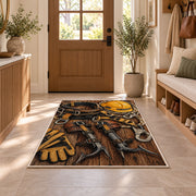 lineman climbing gear rug in an entryway with a wooden door and bench