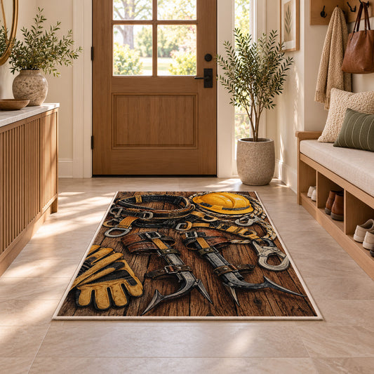 lineman climbing gear rug in an entryway with a wooden door and bench
