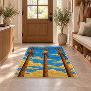 linemen crew on poles rug in an entryway with a wooden door and bench
