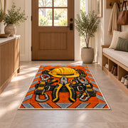 safety orange lineman rug in an entryway with a wooden door and bench